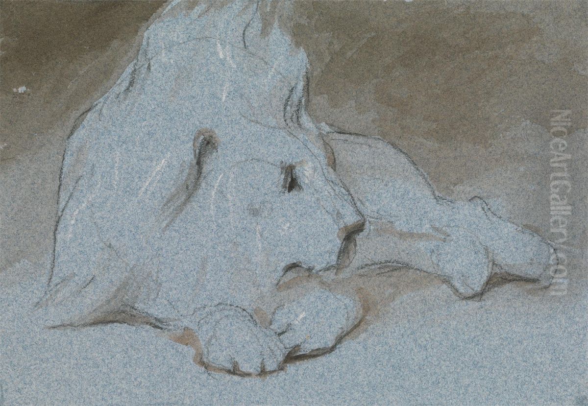 A Male Lion, Lying Down and Half Facing Right Oil Painting by George Jones