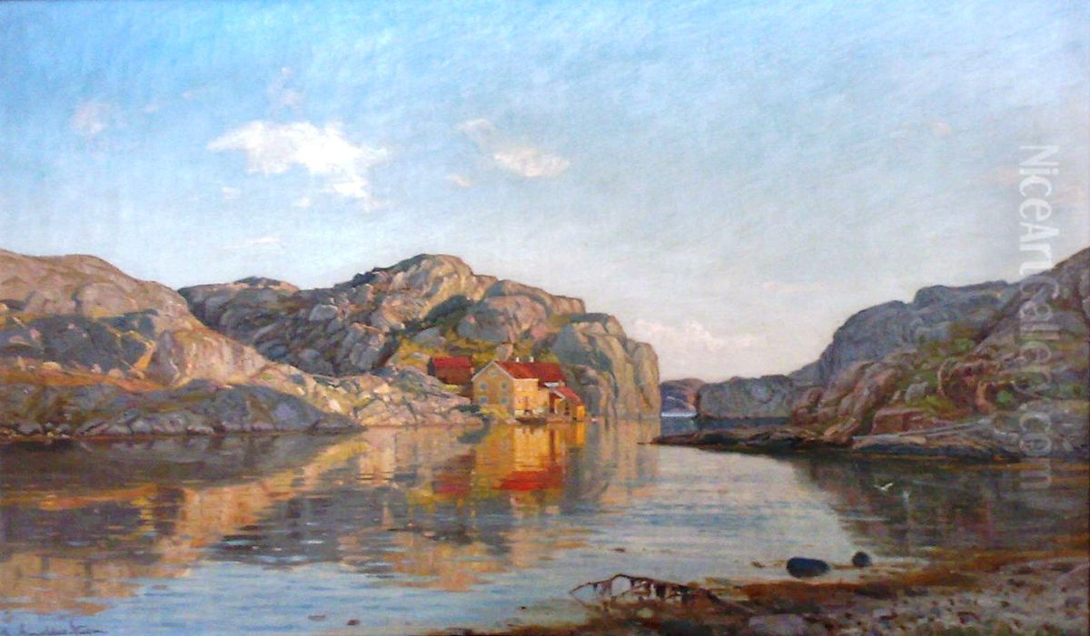 Henmod aften / Ny Hellesund? Oil Painting by Amaldus Nielsen
