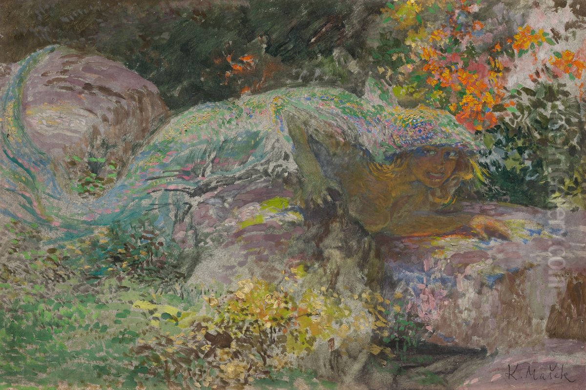 Woman - Lizard Oil Painting by Vitezslav Karel Masek