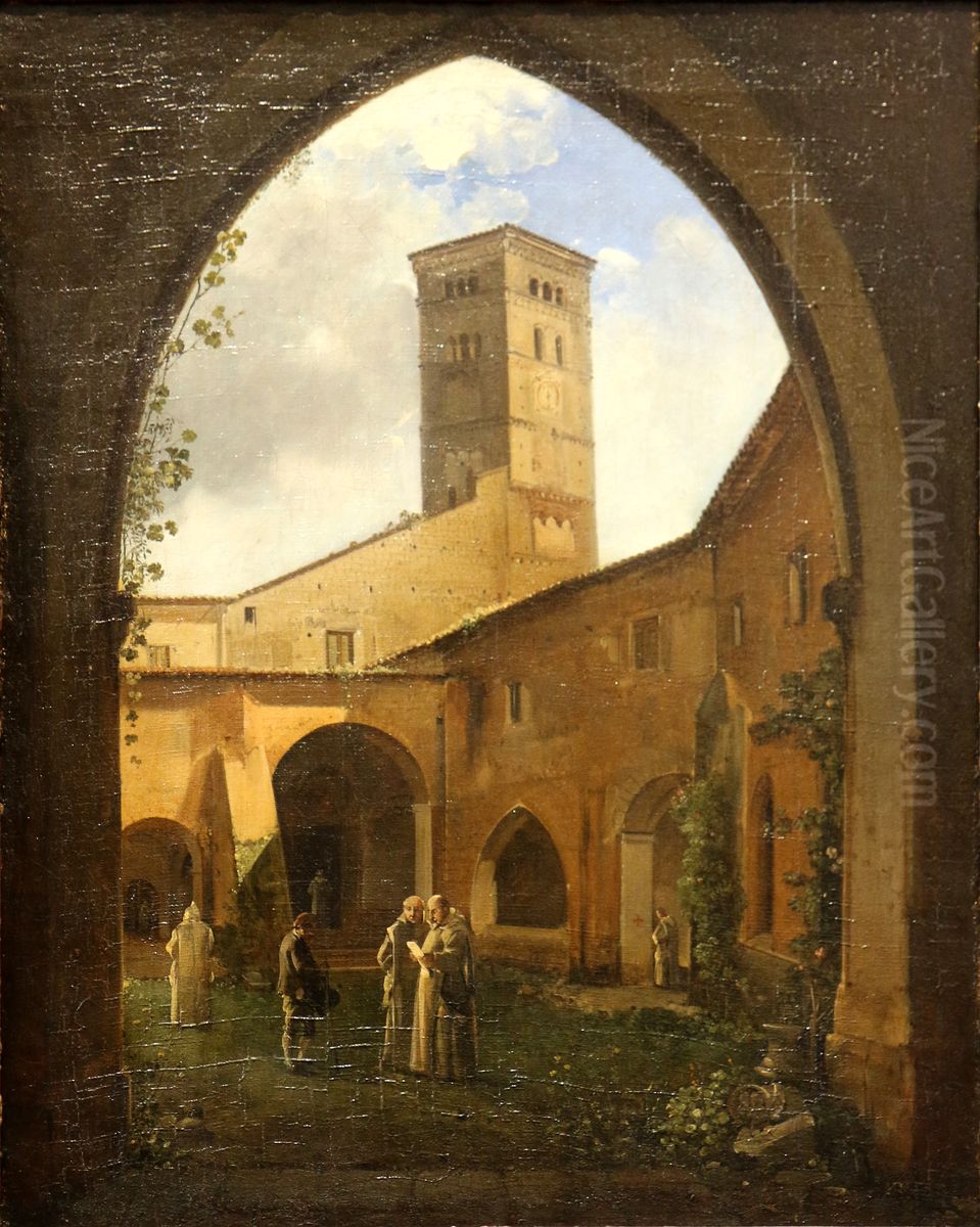 Vue d'un cloitre des chartreux avec campanile. Oil Painting by Francois Marius Granet