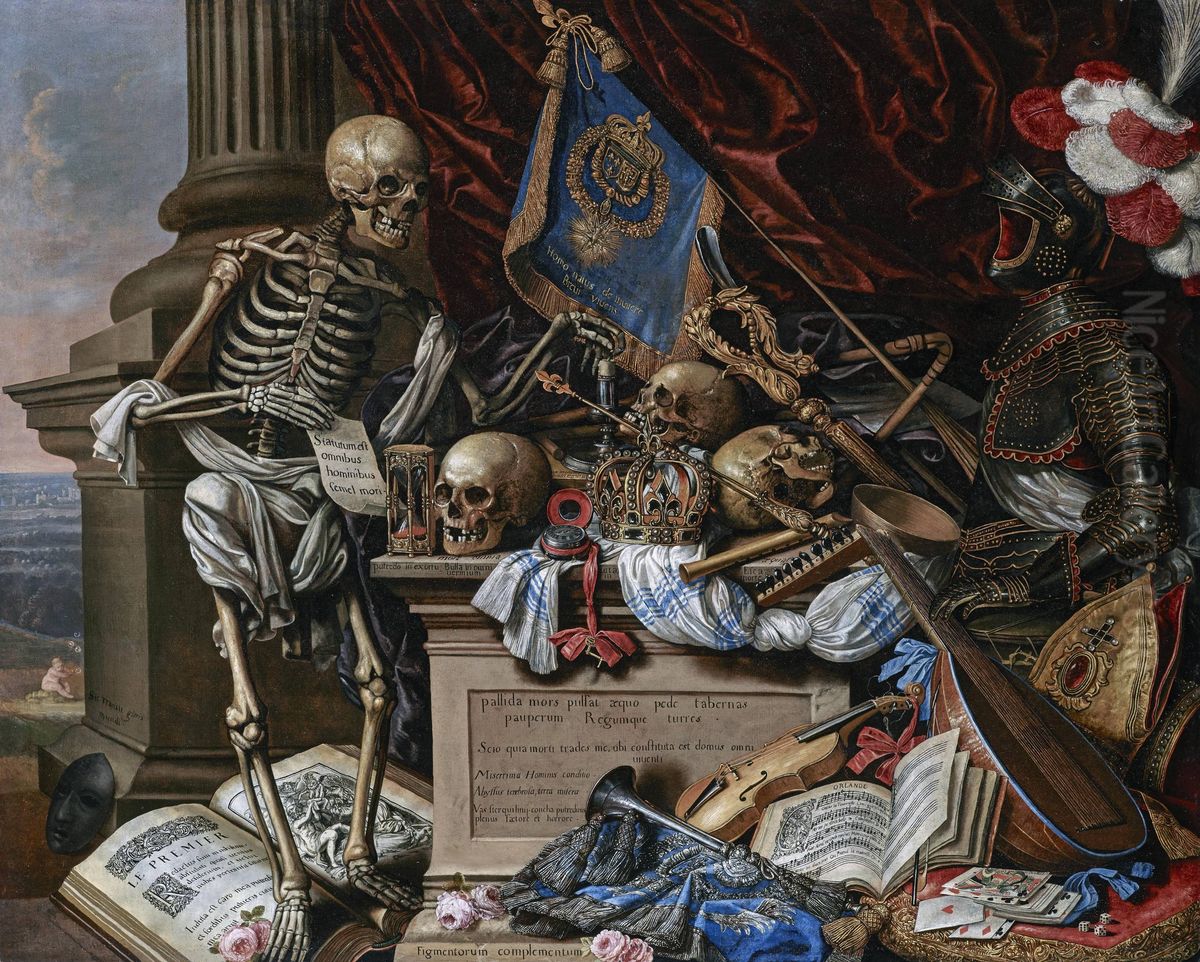 Vanitas Still Life with Musical Instruments, Sheet Music, Books, a Skeleton, Skulls and Armour Oil Painting by Carstian Luyckx