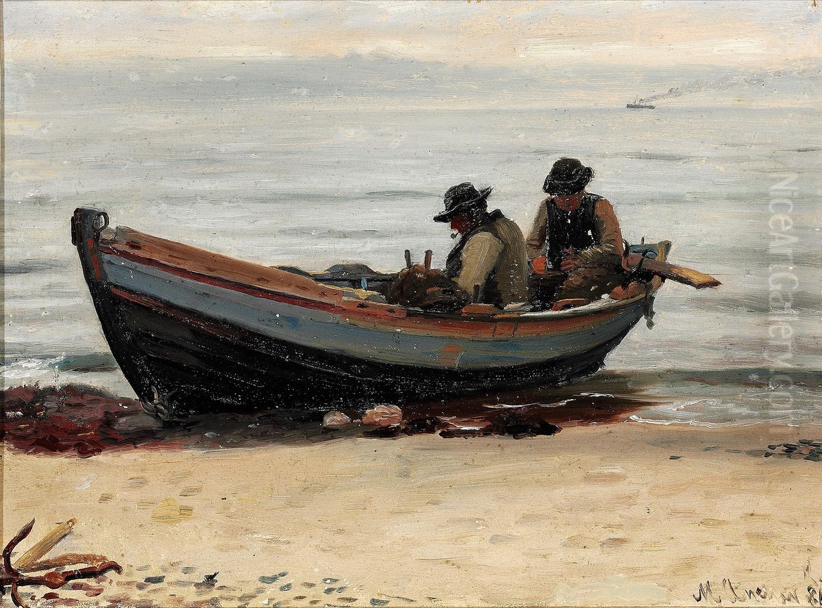 Two fishermen mending nets in their boat on the beach. Oil Painting by Michael Peter Ancher
