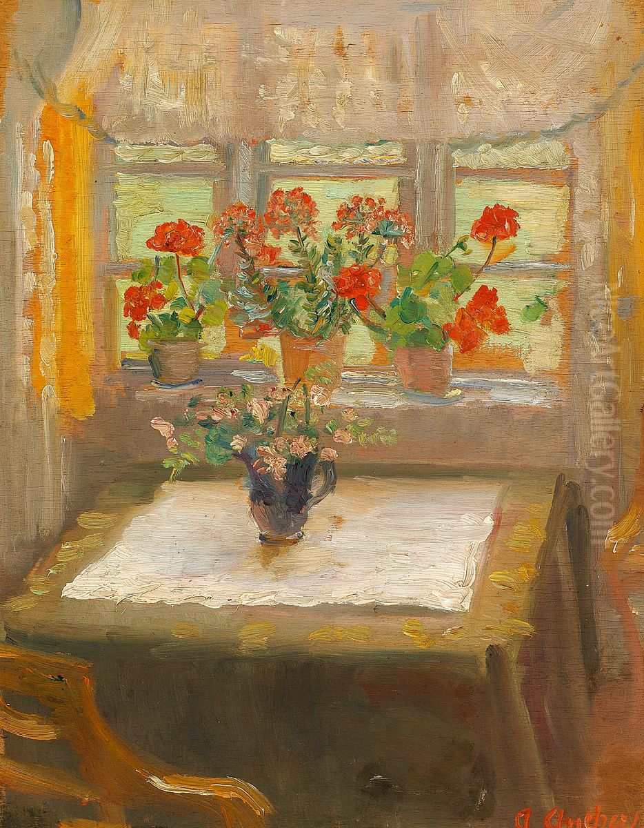 Flowers in the window of the small living room facing north. Oil Painting by Anna Ancher