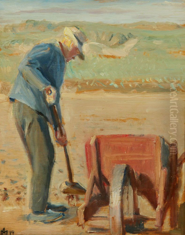 The fisherman Ole Markstrom working on the beach. Oil Painting by Michael Peter Ancher