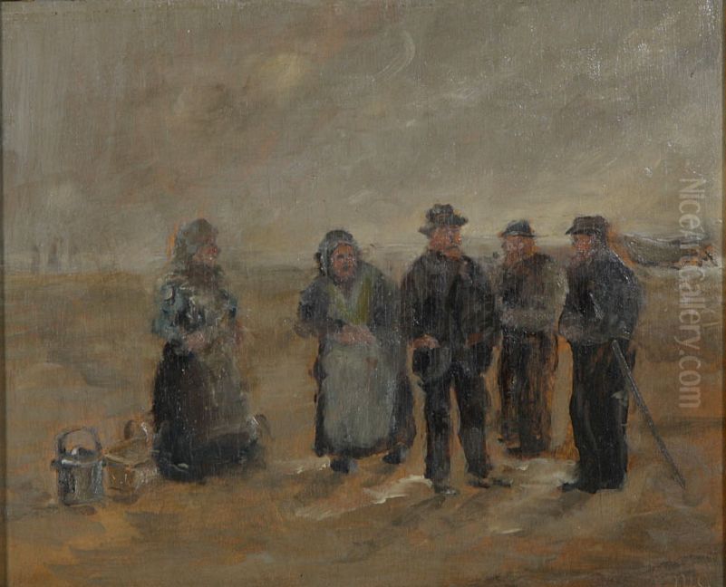 Fiskere og fiskerkoner pa stranden. Oil Painting by Michael Peter Ancher