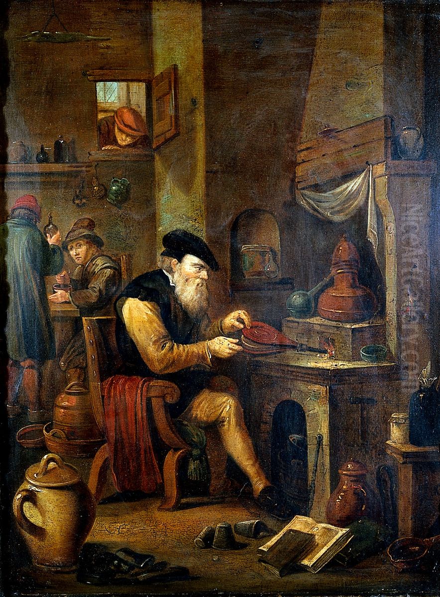 An alchemist in his laboratory. Oil Painting by David Teniers the Younger