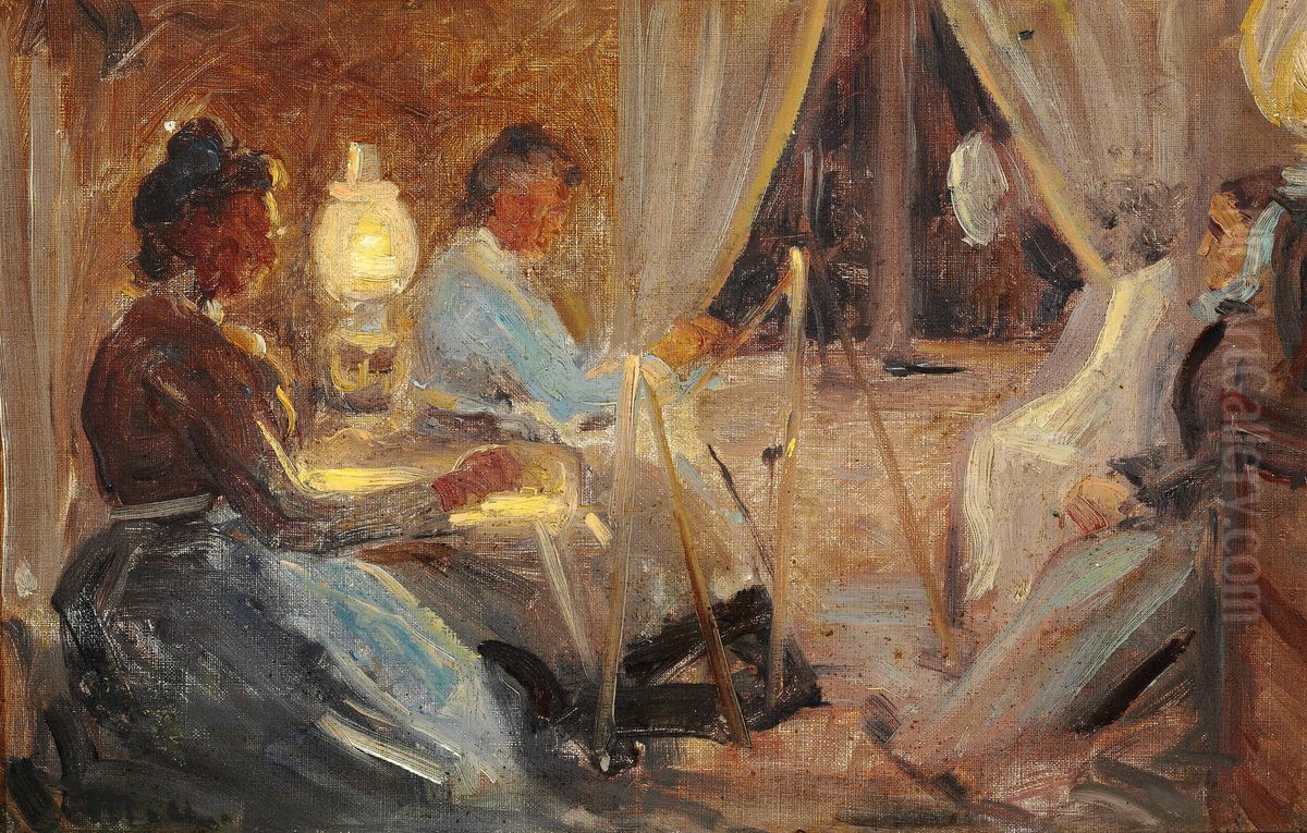 Interior with two women doing portraits of Mrs. Ane Brondum. Oil Painting by Michael Peter Ancher