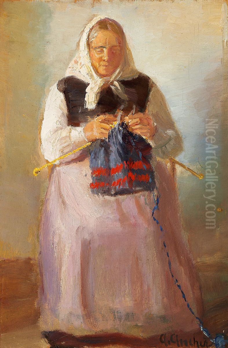 Sorine Moller med strikketojet, Skagen. Oil Painting by Anna Ancher