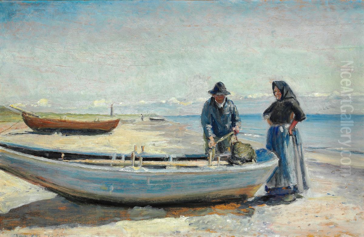 A fisherman and his wife on Skagen Sonderstrand with a boat. A lighthouse in the distance. Oil Painting by Michael Peter Ancher