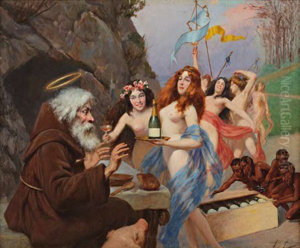 Temptation of Saint Anthony with champagne Oil Painting by Alex De Andreis