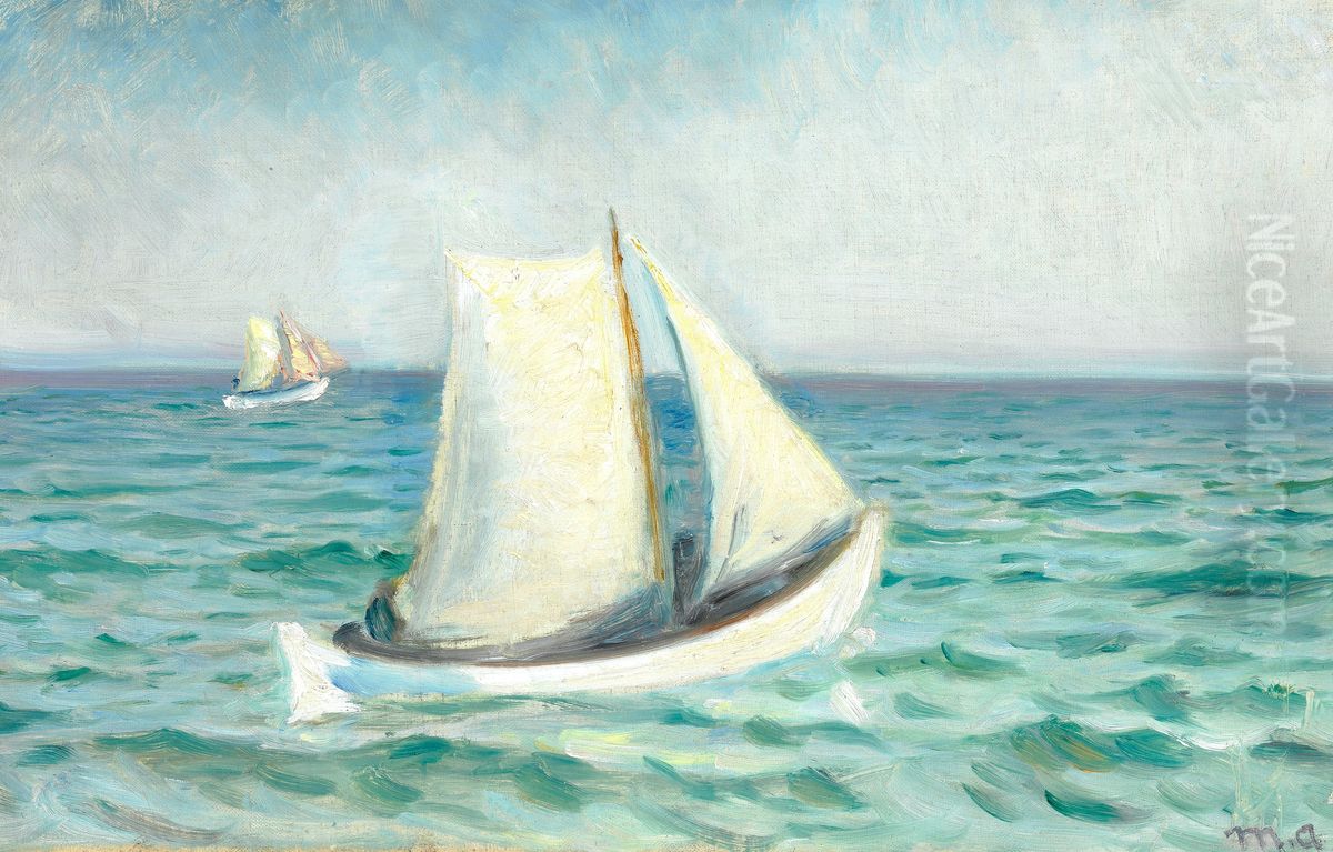 Hvide Baade paa Havet i Solskin. Skagen. Oil Painting by Michael Peter Ancher