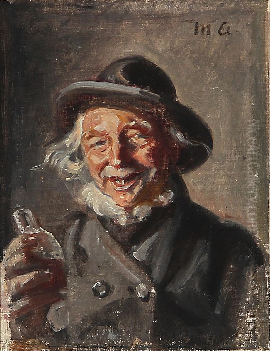 A happy man holding a bottle. Oil Painting by Michael Peter Ancher