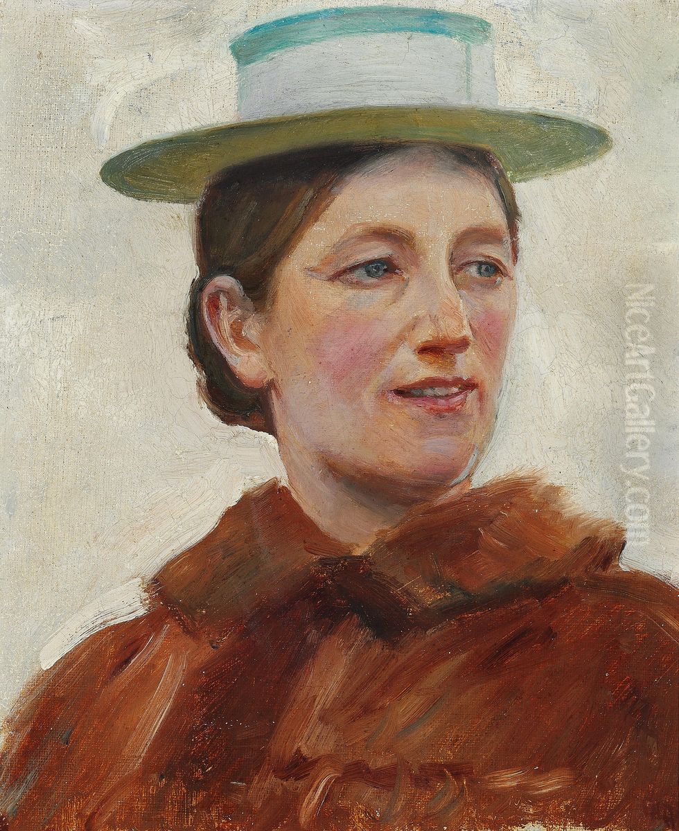 Portrait of Anna Ancher wearing a straw hat with green stripes. Oil Painting by Michael Peter Ancher