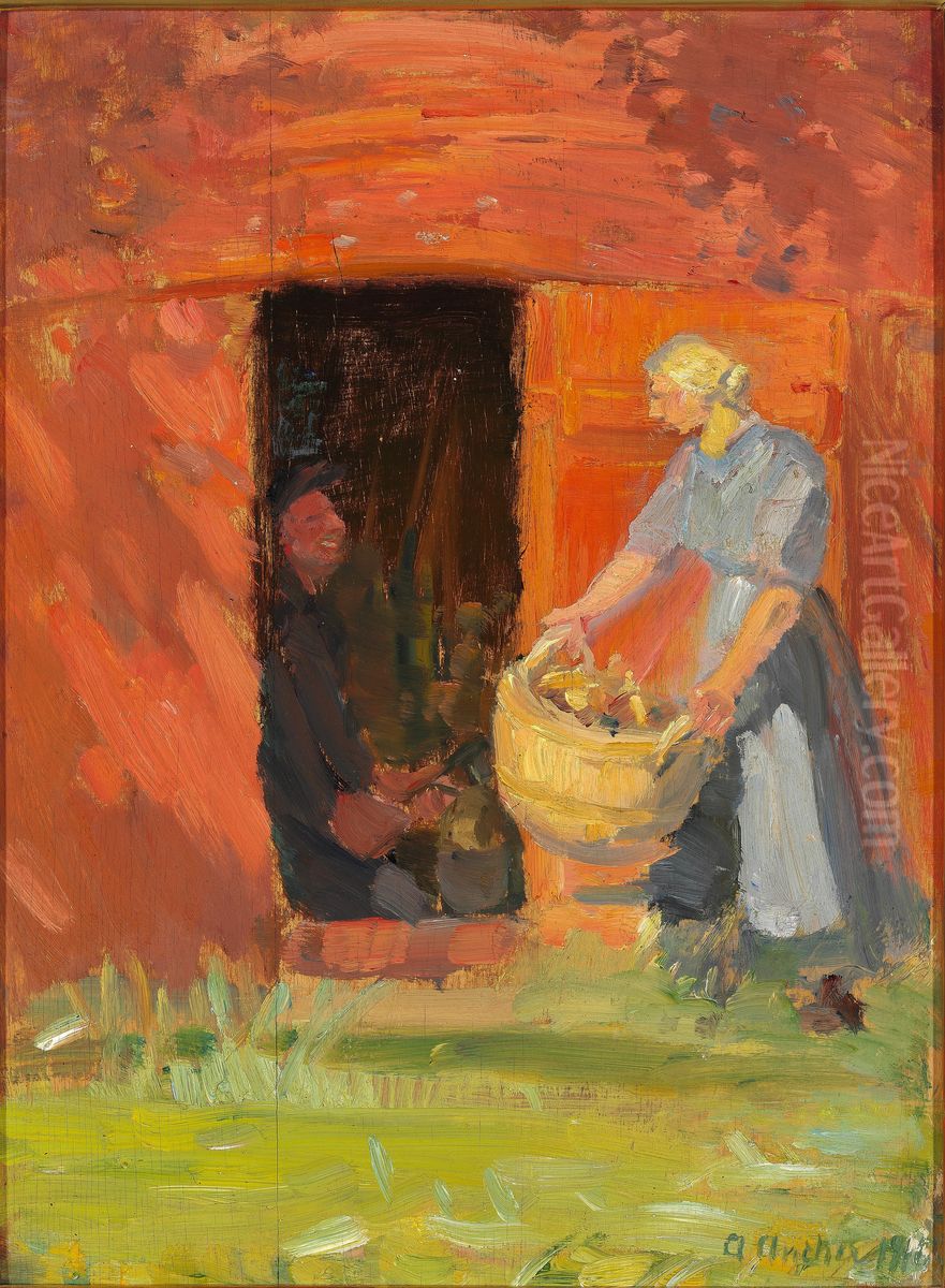 Pige med vasketoj ved en rod husgavl, Skagen. Oil Painting by Anna Ancher