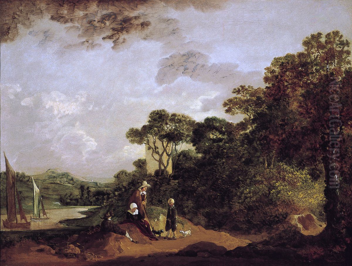 Wooded River Landscape with Peasants Resting and Church Tower Oil Painting by Thomas Gainsborough