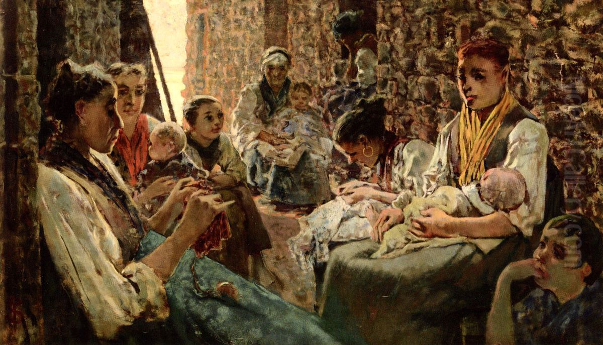 Idle hours at Riomaggiore Oil Painting by Telemaco Signorini