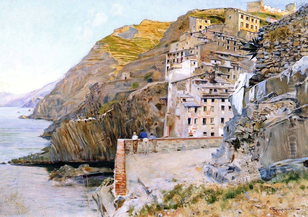 View of the village of Riomaggiore Oil Painting by Telemaco Signorini