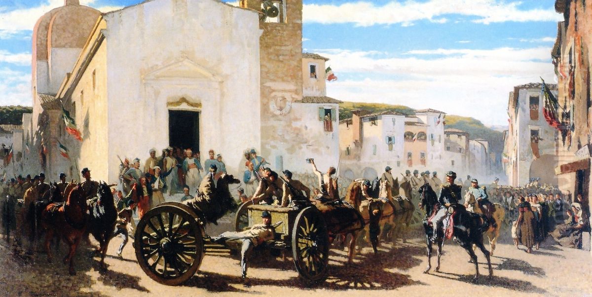 L'artiglieria toscana a Montechiaro salutata dai francesi feriti a Solferino Oil Painting by Telemaco Signorini
