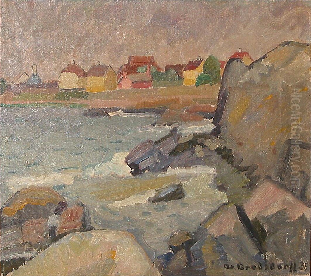 A coastal view with some houses. Oil Painting by Axel Bredsdorff
