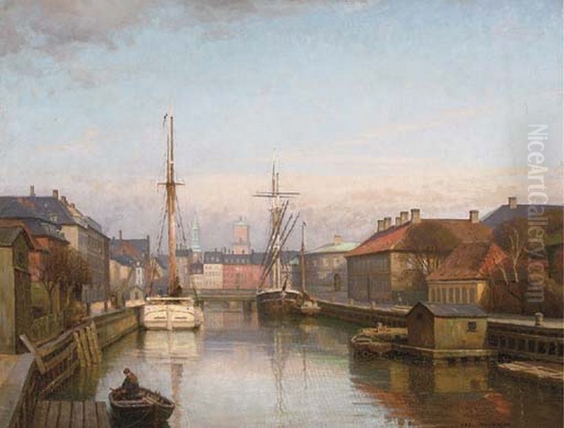 Frederiksholms Kanal with the Church of Our Lady in the distance. Oil Painting by Axel Johansen