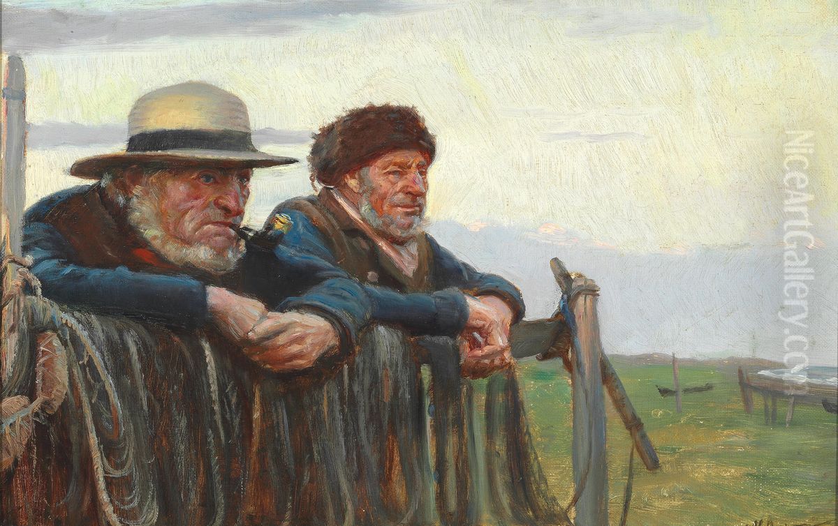 To fiskere, der spejder ud over havet ved Skagen Strand. Oil Painting by Michael Peter Ancher