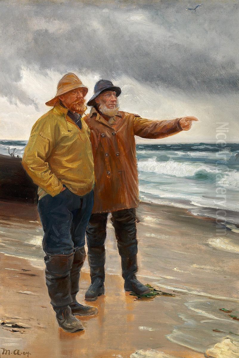Two fishermen on the beach. One pointing towards the sea. Oil Painting by Michael Peter Ancher