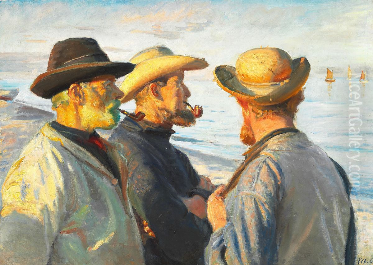 Three fishermen on the beach at Skagen in the evening sun. Oil Painting by Michael Peter Ancher
