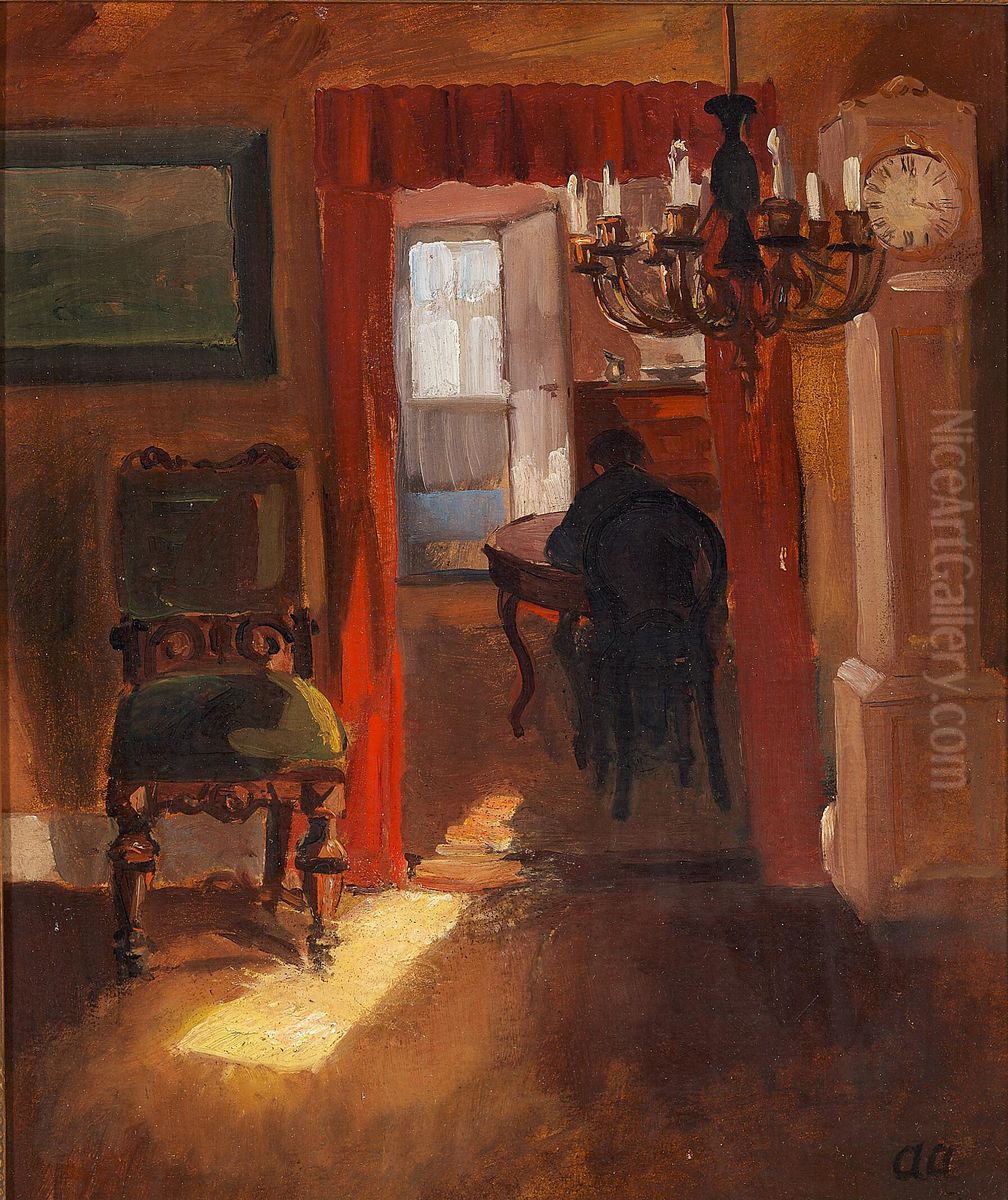 Interior from Skagen with a ray of sunlight on the floor. Oil Painting by Anna Ancher