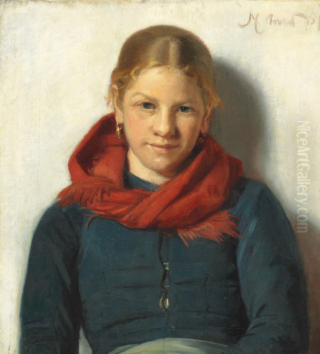 Pige med rodt sjal. Oil Painting by Michael Peter Ancher