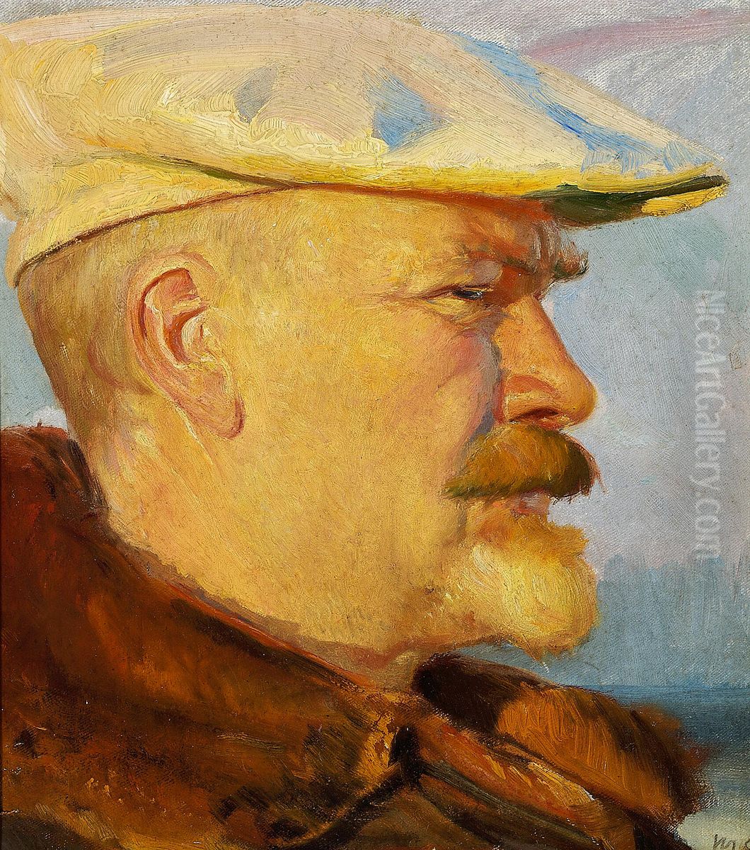 Self-portrait with a white painter's cap in the evening sun. Oil Painting by Michael Peter Ancher