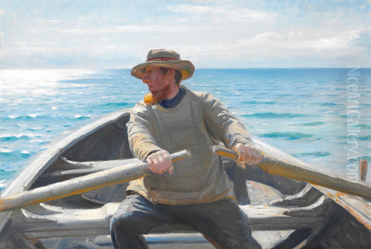 A fisherman rowing. Oil Painting by Michael Peter Ancher