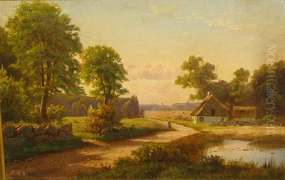 A woman walking near a village pond in summer. Oil Painting by Axel Helsted