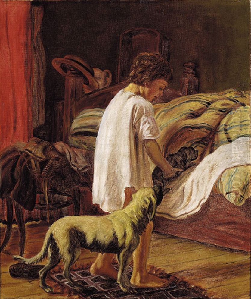 Bedtime. Little boy and puppy turn in. Oil Painting by Axel Helsted