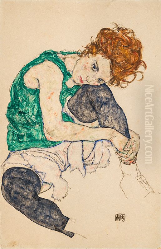 Seated Woman with Bent Knees (Adele Herms) Oil Painting by Egon Schiele