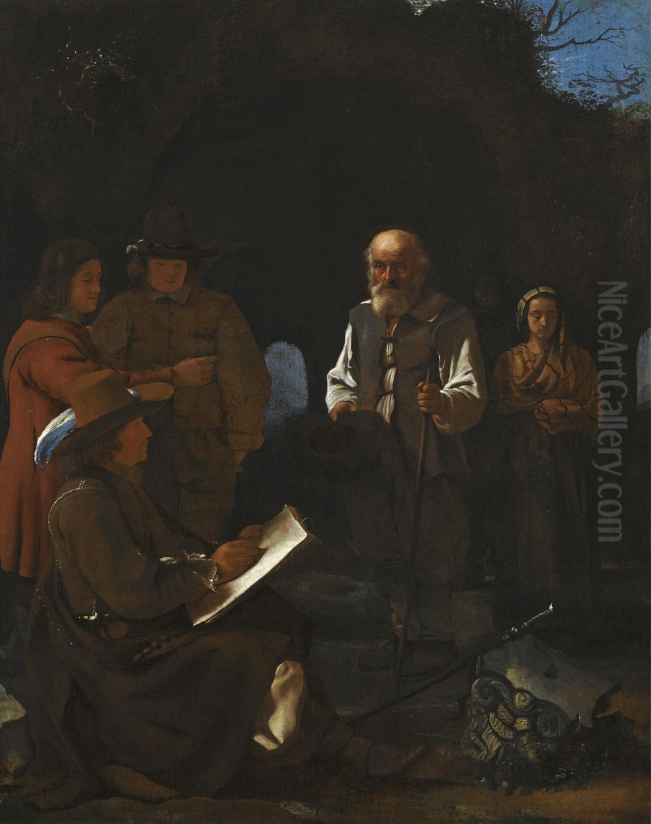 Young artist seated drawing among roman ruins, two friends behind him and a beggar with his family before him Oil Painting by Michiel Sweerts