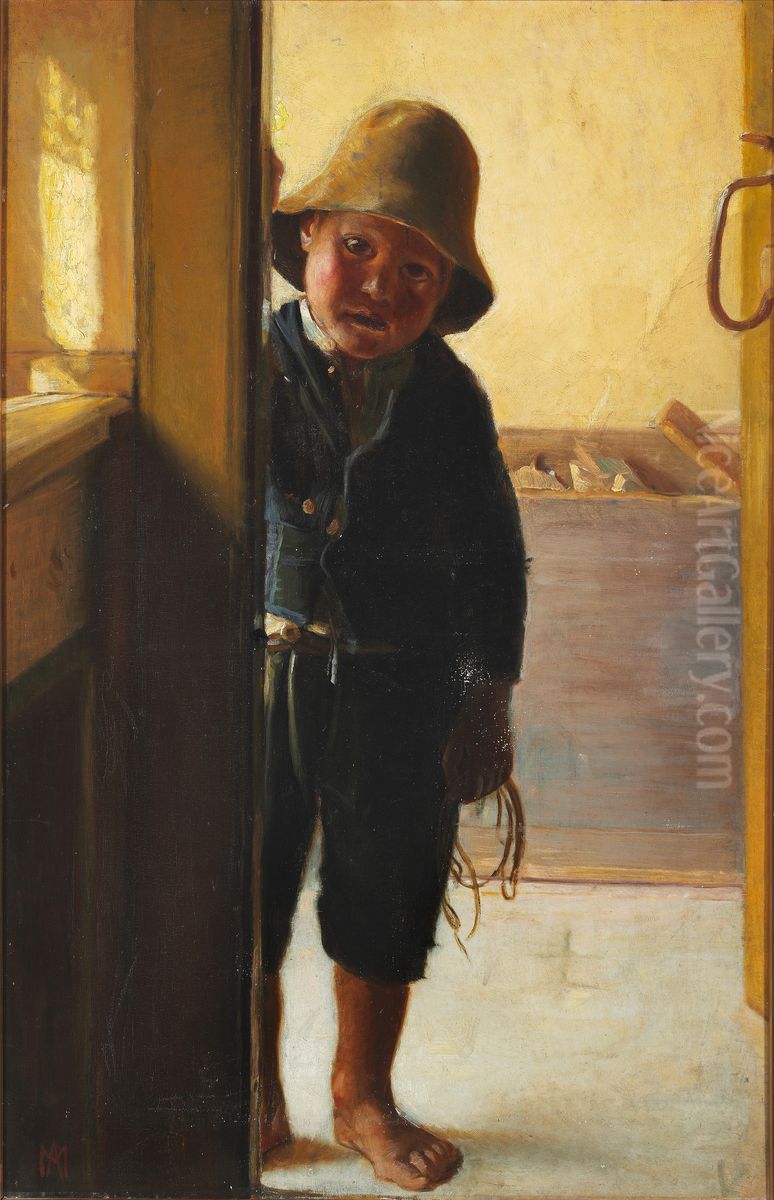 En lille fiskerdreng kigger ind ad doren. Oil Painting by Michael Peter Ancher