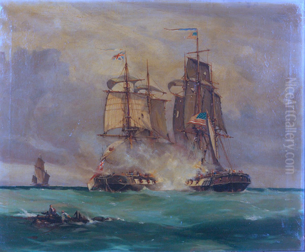 Battle Scene in the English Channel between American Ship 'Wasp' and the English Brig 'Reindeer' Oil Painting by Thomas Whitcombe