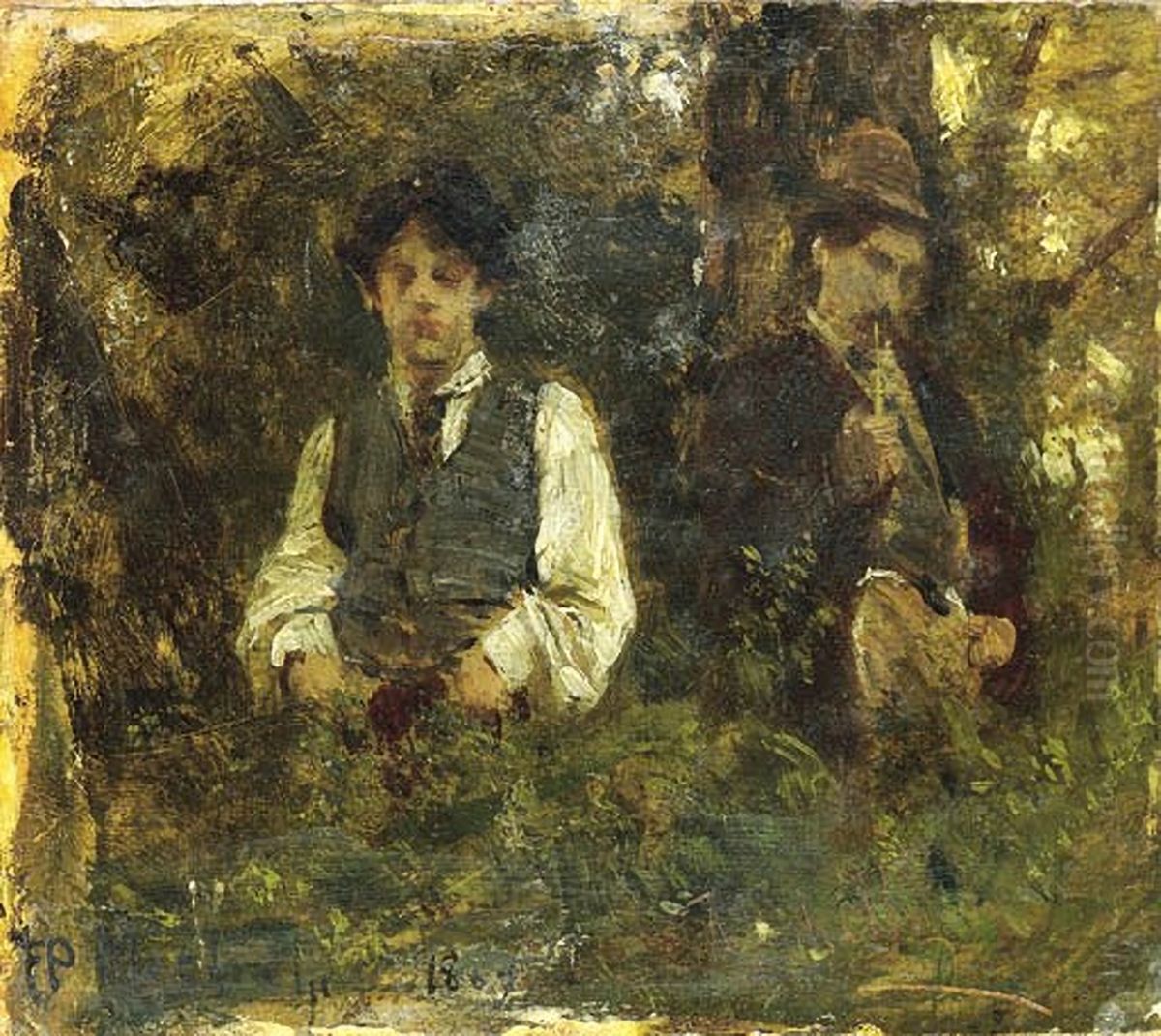 Michetti with the painter Edoardo Dalbono in the woods of Capodimonte Oil Painting by Francesco Paolo Michetti