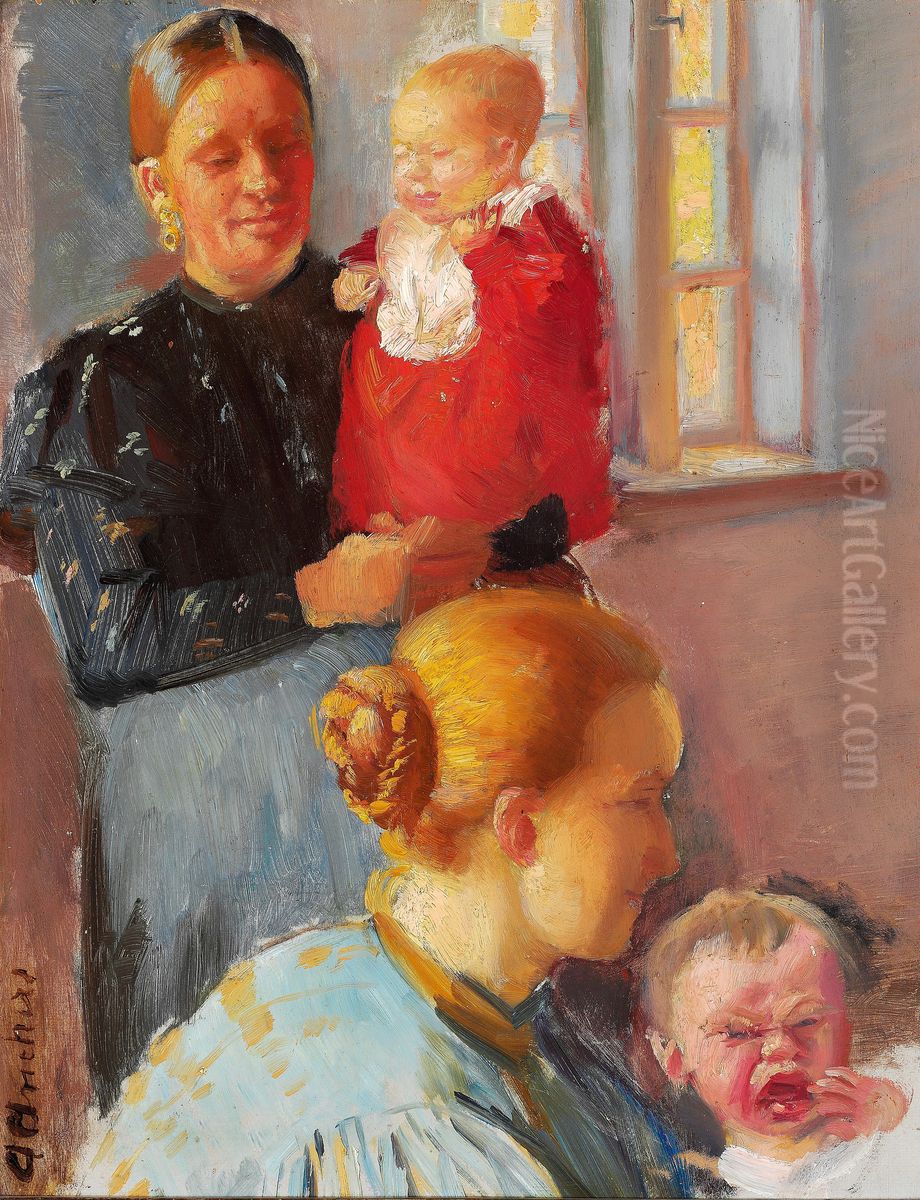 Two young mothers with their small children. Study for 