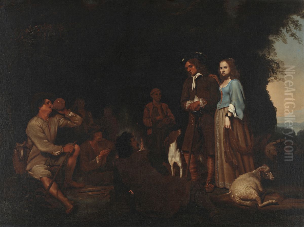 Elegant couple with shepherds in the Roman Campania Oil Painting by Michiel Sweerts