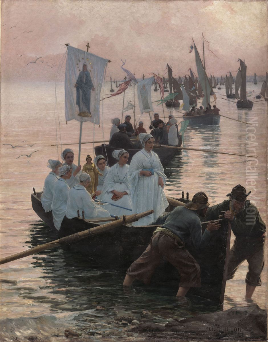 Arrivee du pardon de sainte Anne de Fouesnant a Concarneau Oil Painting by Alfred Guillou
