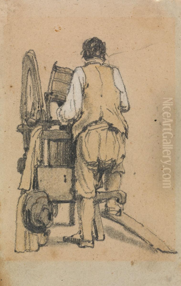 A Laborer Seen From Behind Operating a Machine Oil Painting by Samuel Prout