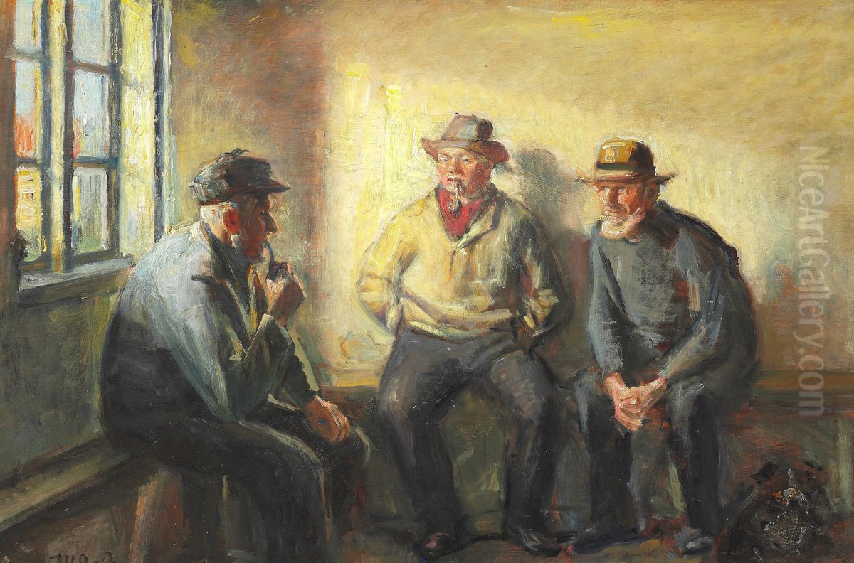 Interior with three fishermen. Oil Painting by Michael Peter Ancher