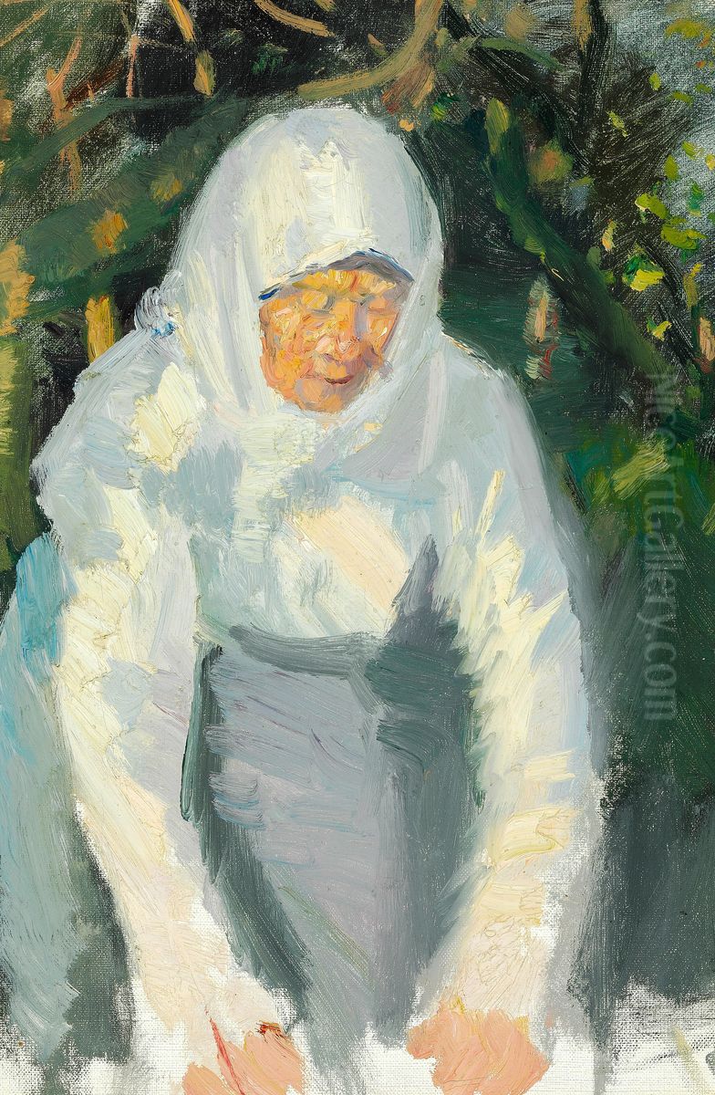 Skagenskone med hvidt hovedtorklaede. Oil Painting by Anna Ancher