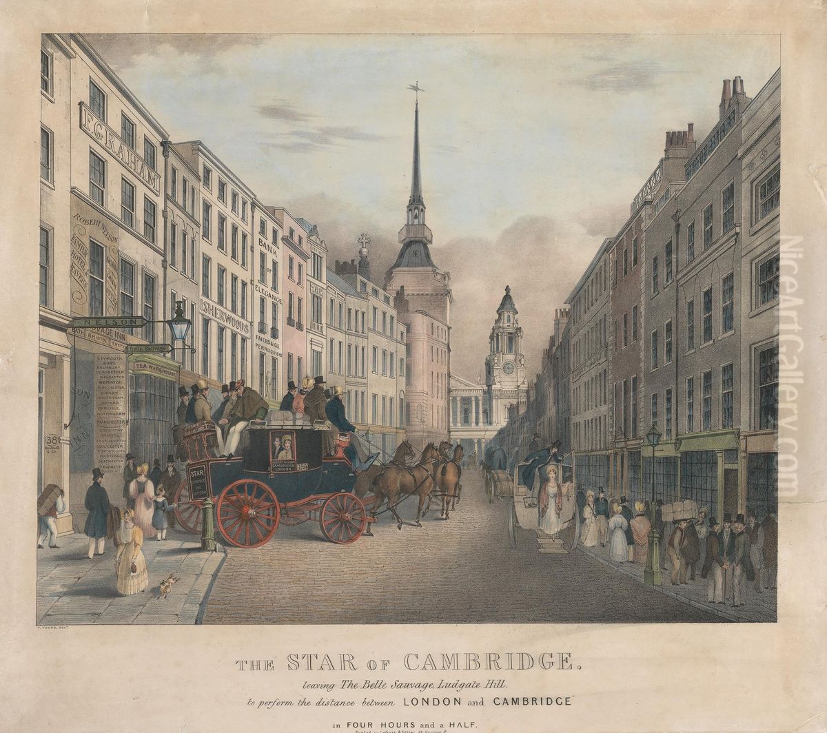 The Star of Cambridge, Leaving the Belle Sauvage, Ludgate Hill Oil Painting by Mary Young Ridenbaugh