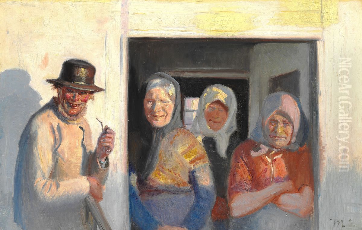 Fru Kroyer gar forbi Kristoffers hus. Studie. Oil Painting by Michael Peter Ancher