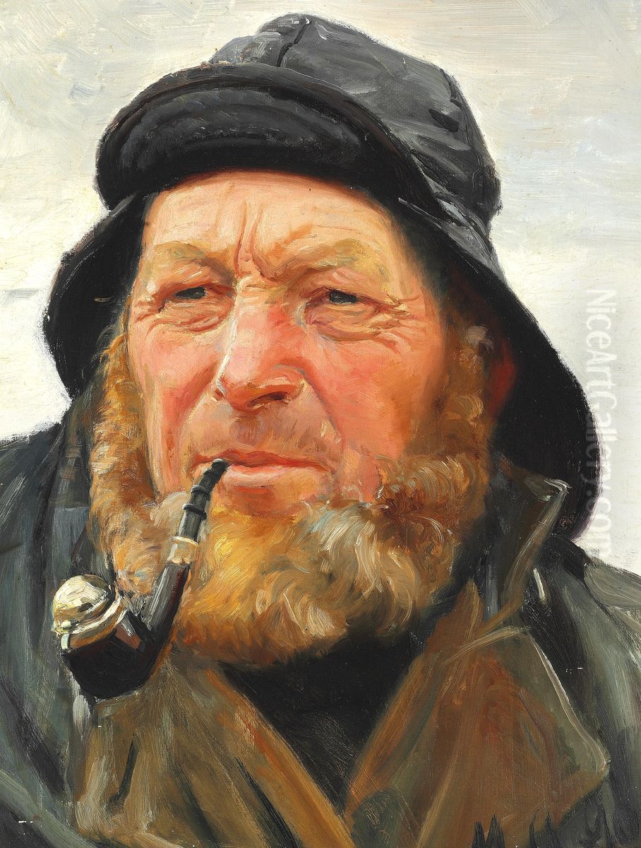 The fisherman Ole Svendsen from Skagen with sou'wester and smoking a pipe. Oil Painting by Michael Peter Ancher