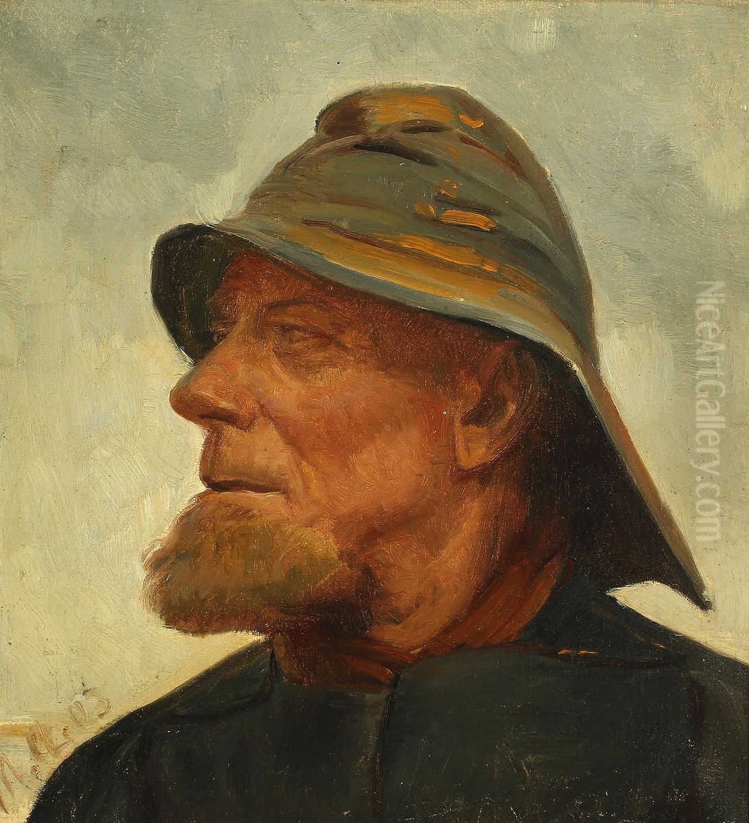 Portrait of the fisherman Jens Diget wearing a sou'wester. Oil Painting by Michael Peter Ancher