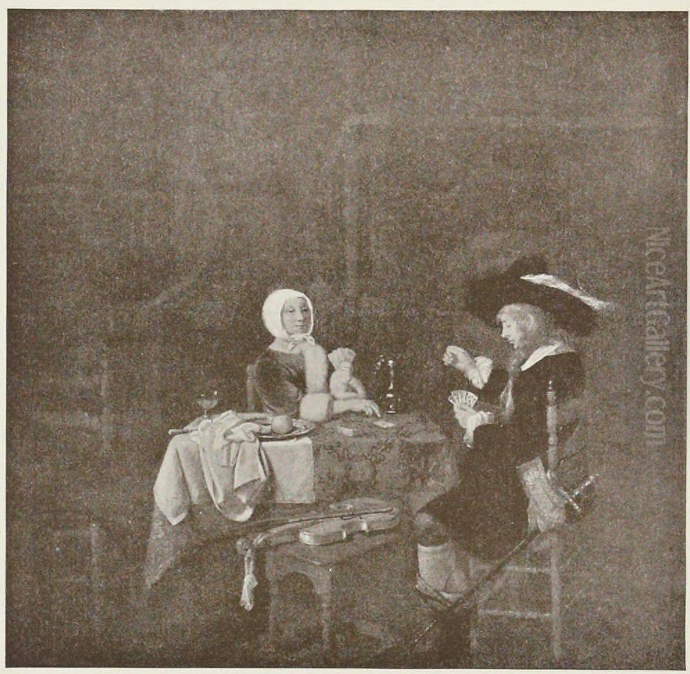 A Game of Cards Oil Painting by Gabriel Metsu