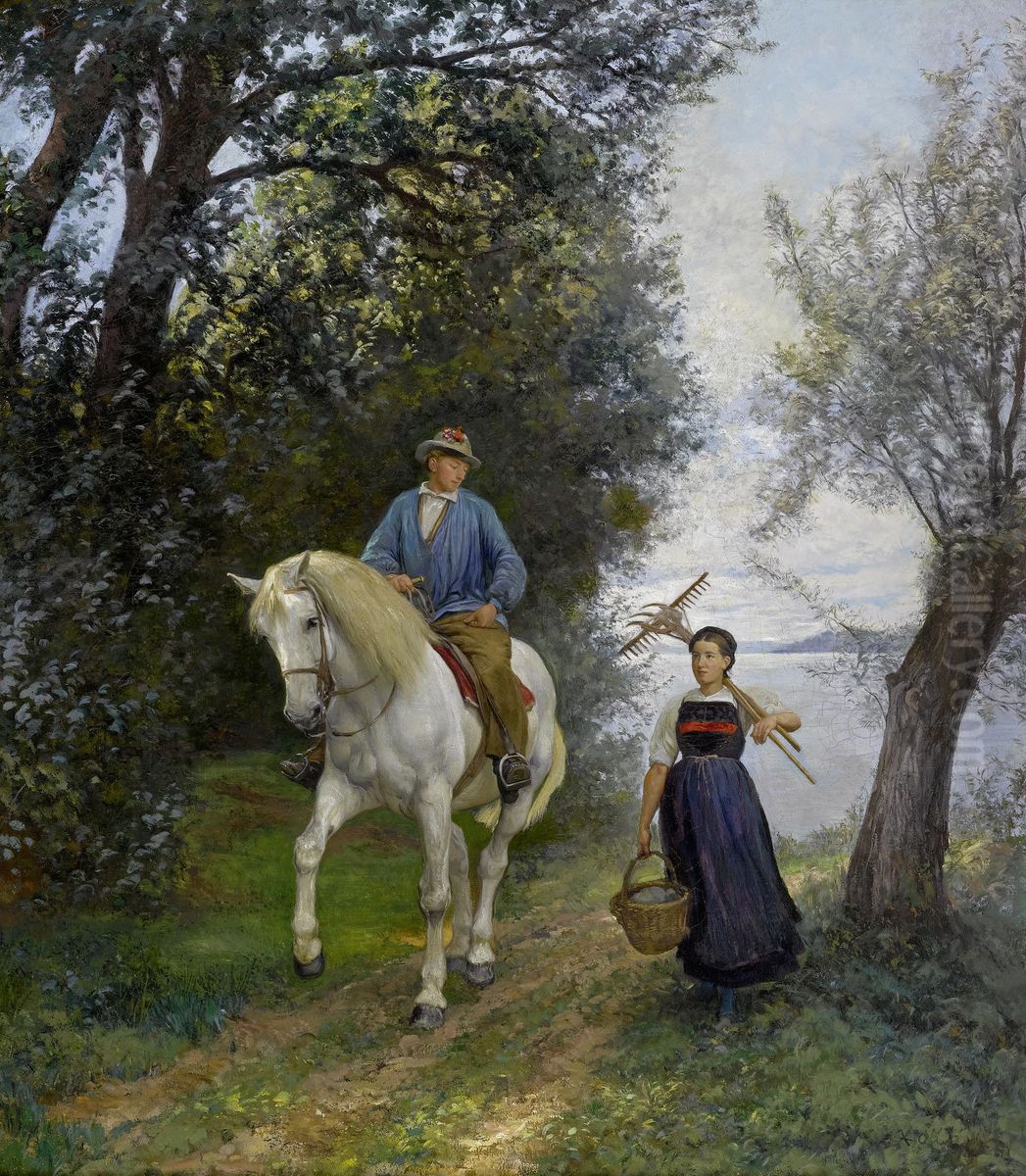 Rider and peasant woman on a lake Oil Painting by Rudolf Koller